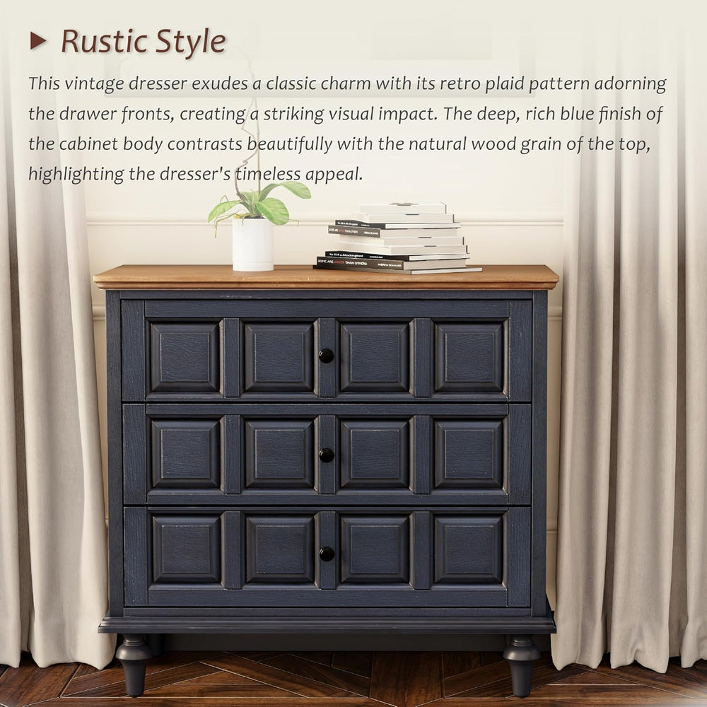 Aoikax Retro 3 Drawer Dresser X 2P, Natural Wood, Dark Blue