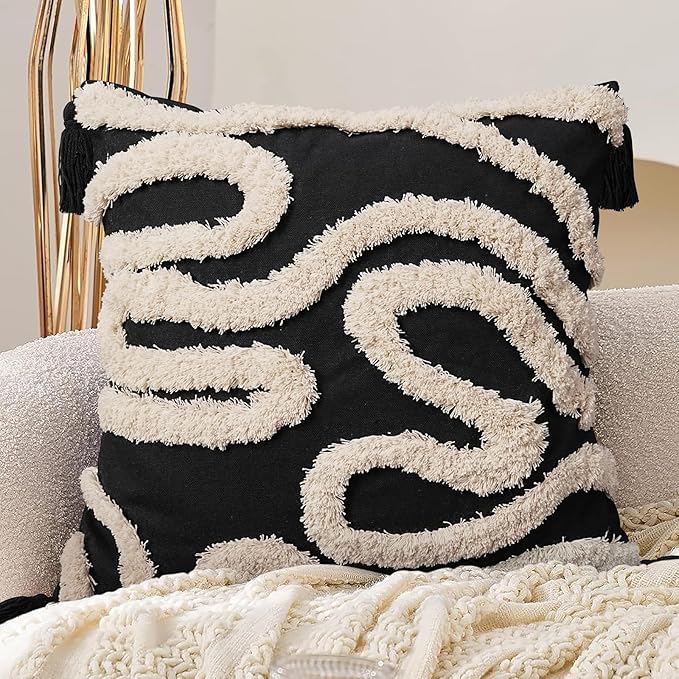 Adabana Black and Beige Pillow Covers Decorative Tufted Abstract Throw Pillows by Adabana