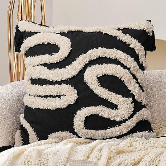 Adabana Black and Beige Pillow Covers Decorative Tufted Abstract Throw Pillows by Adabana