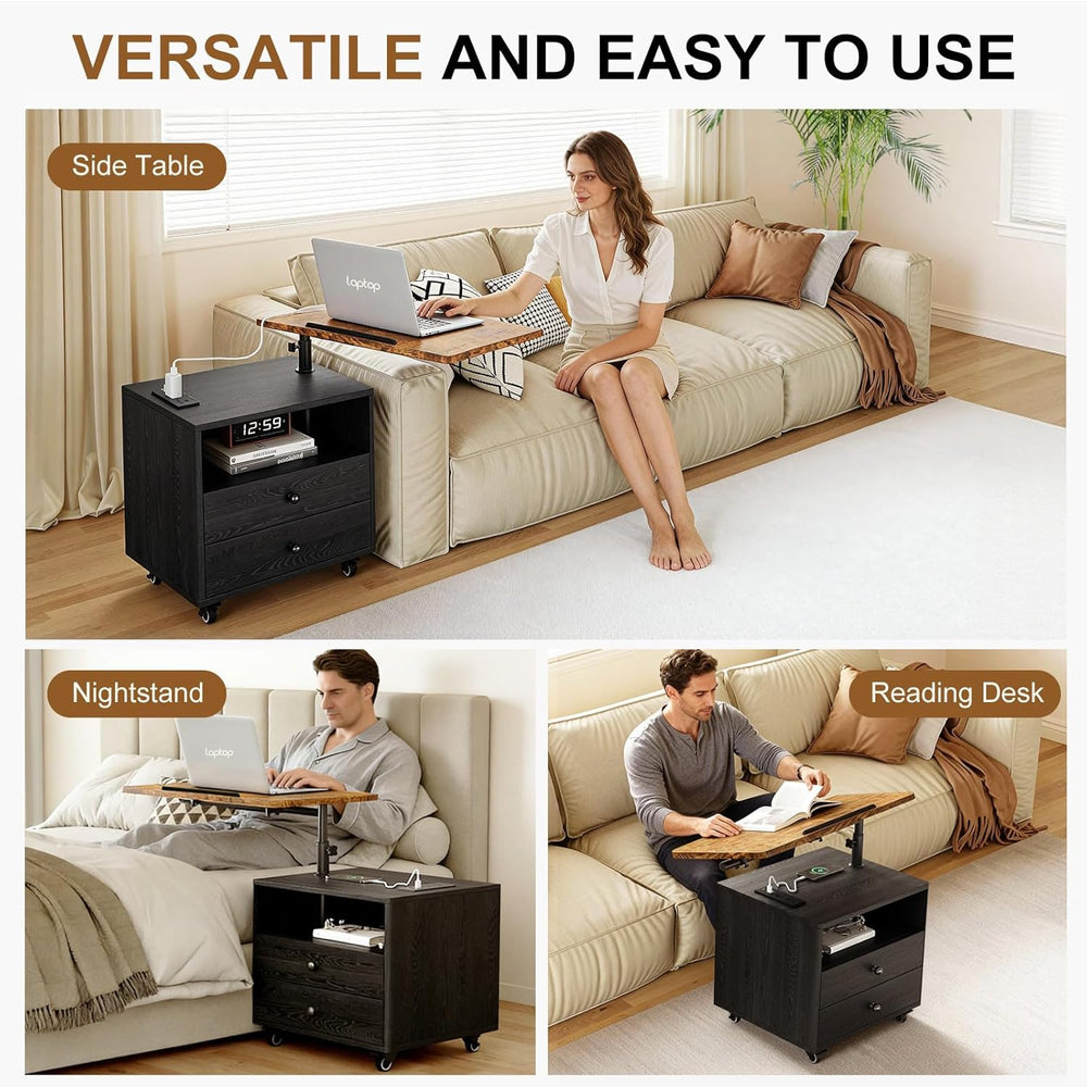 Bedroom Nightstand with Drawers & Charging Station, Adjustable Height Bed...
