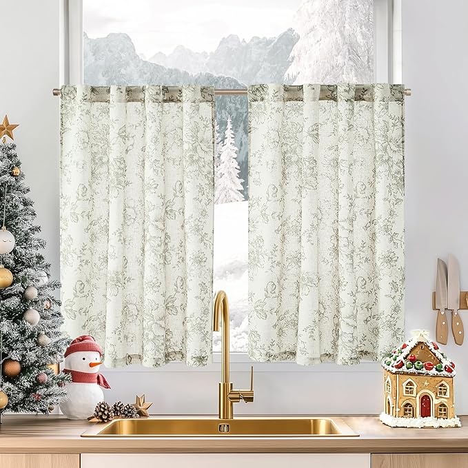 jinchan Linen Floral Tier Curtains 45 Inch Christmas Decorations Farmhouse by JINCHAN
