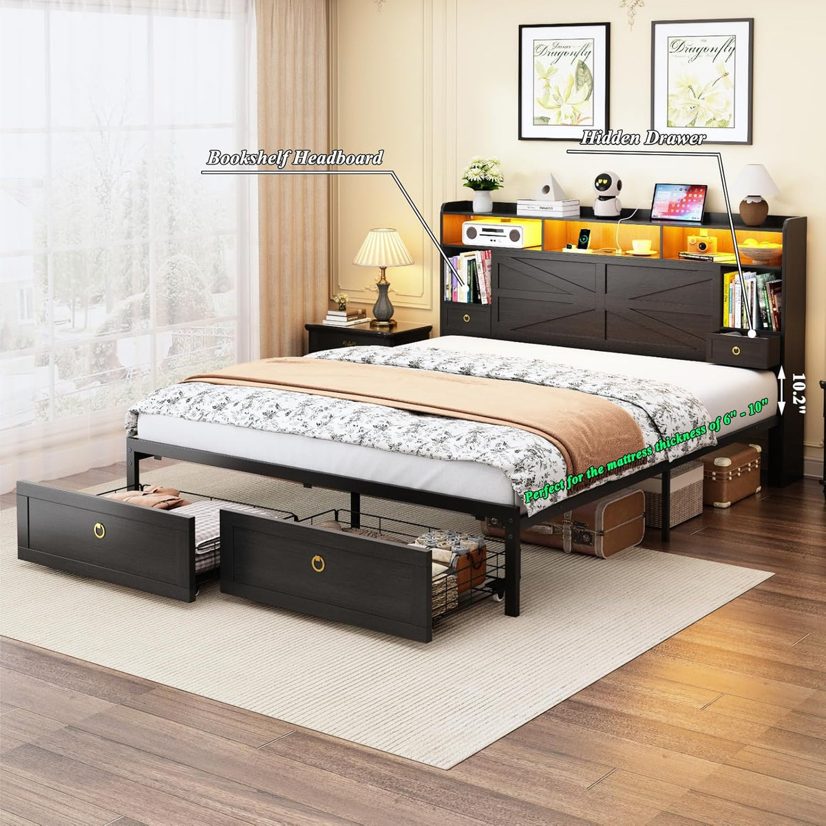 full bed frame with storage headboard, farmhouse platform on a desk or shelf