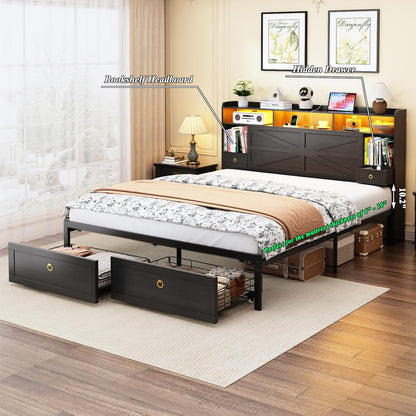 full bed frame with storage headboard, farmhouse platform on a desk or shelf