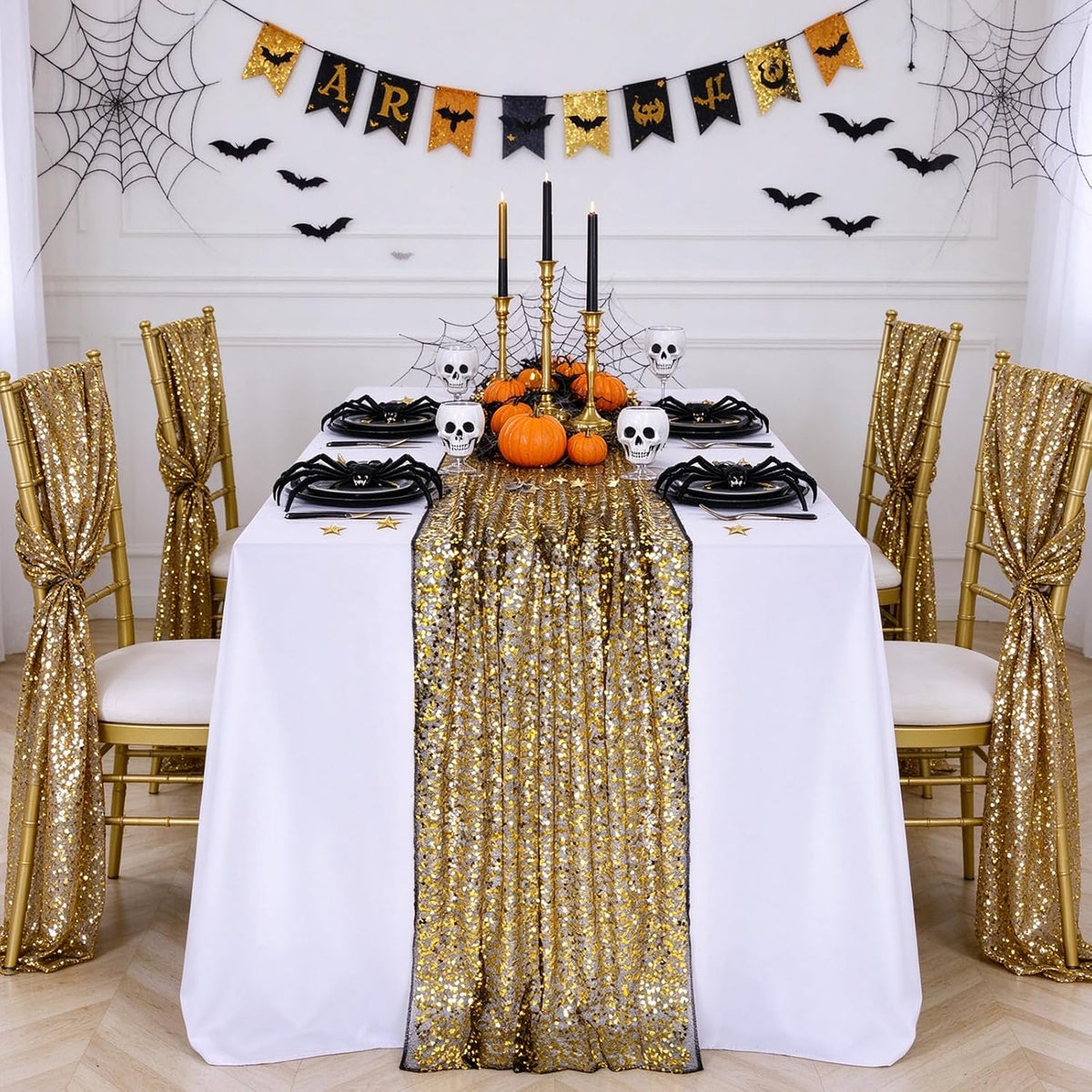 Black Gold Sequin Table Runner Rectangular Glitter Halloween Party Reusable