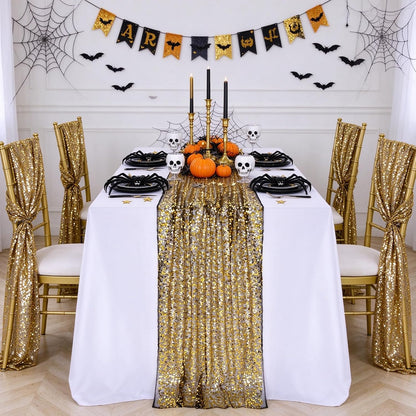 Black Gold Sequin Table Runner Rectangular Glitter Halloween Party Reusable