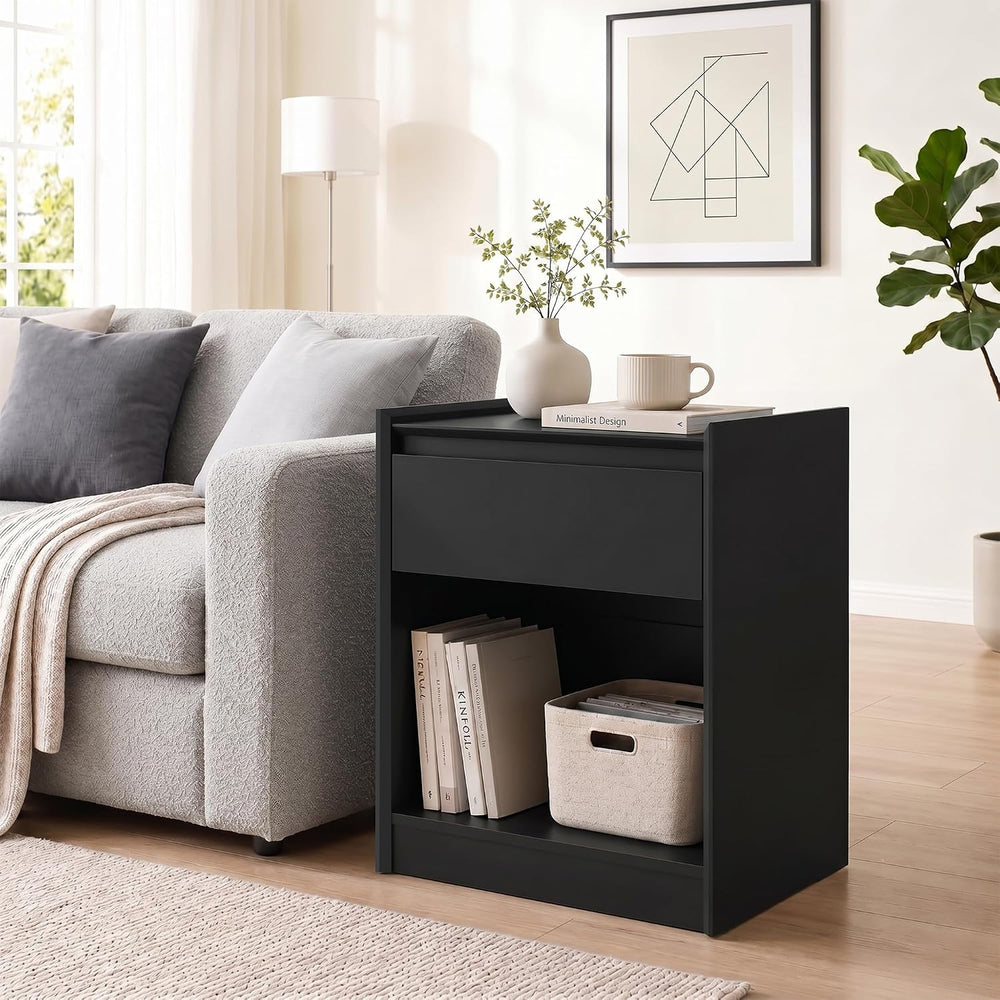 Black 24"H Nightstand, Drawer & Open Shelf, Small Bedside Table
