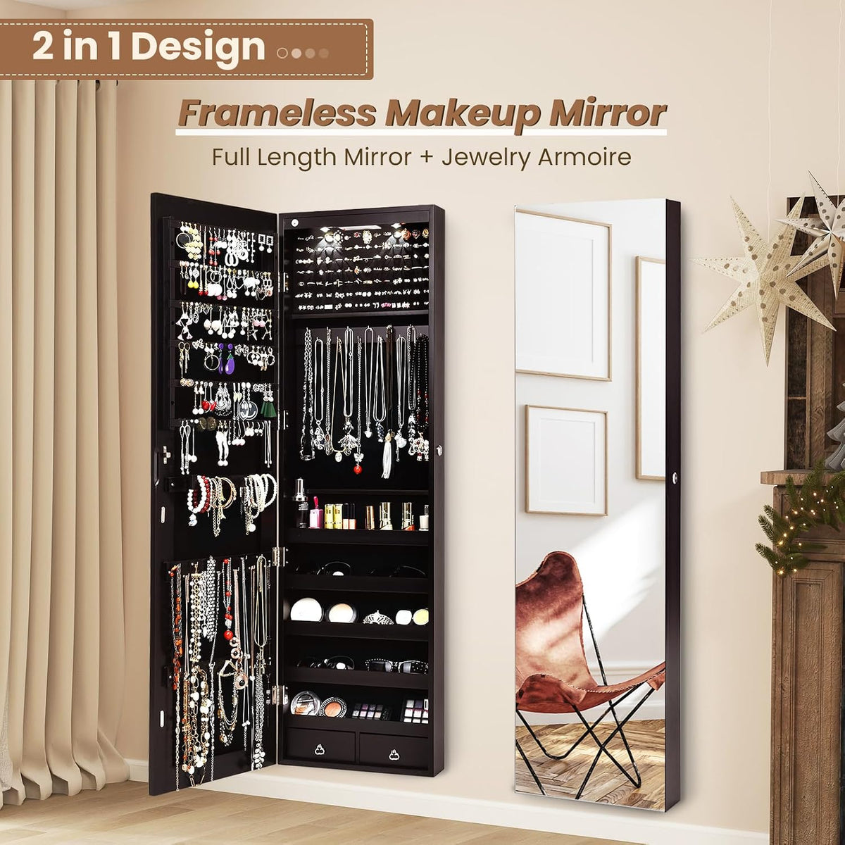 nafort 2 leds mirror jewelry cabinet, 47.5-inch tall on a desk or shelf