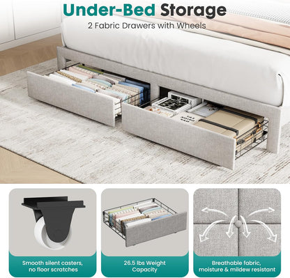 dumos king bed frame, upholstered platform bed frame showing dimensions