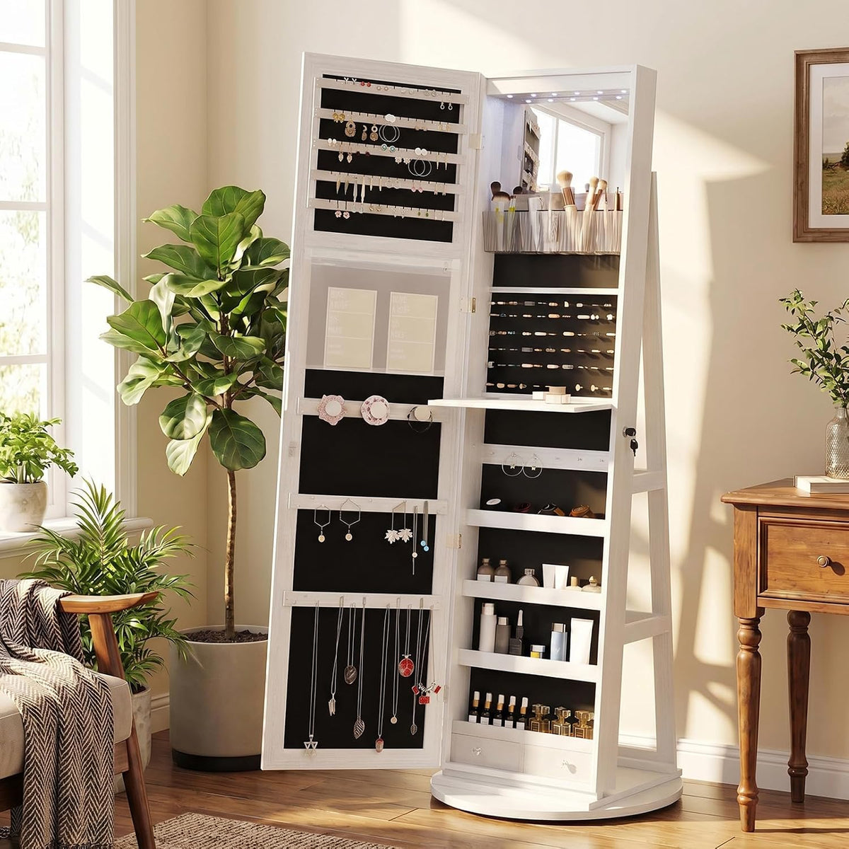 olixis 360° swivel jewelry cabinet with light, lockable, view 9