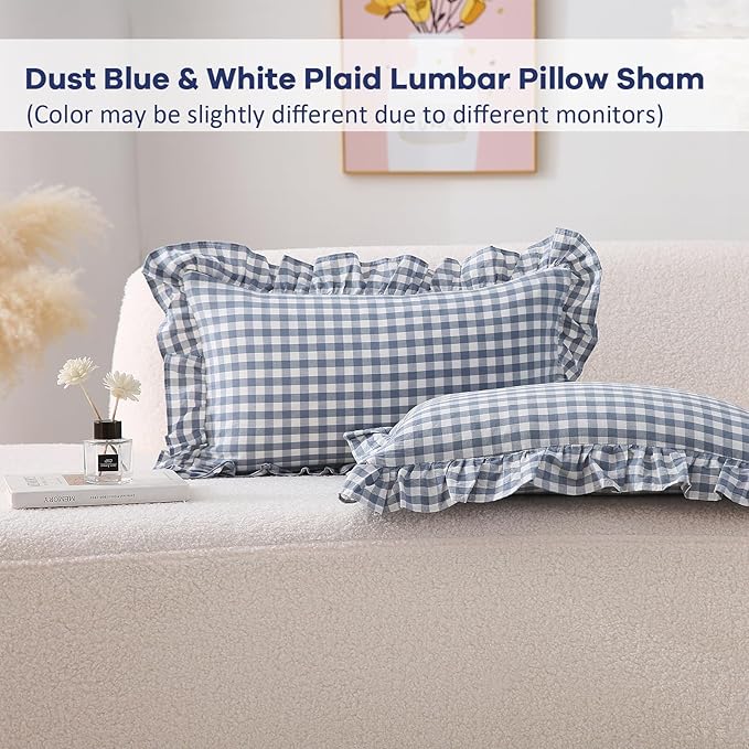 2 Pack Dust Blue Plaid Ruffle Gingham Lumbar Pillow Shams, 100% Yarn-Dyed - Image 2