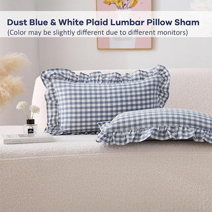 2 Pack Dust Blue Plaid Ruffle Gingham Lumbar Pillow Shams, 100% Yarn-Dyed - Image 2