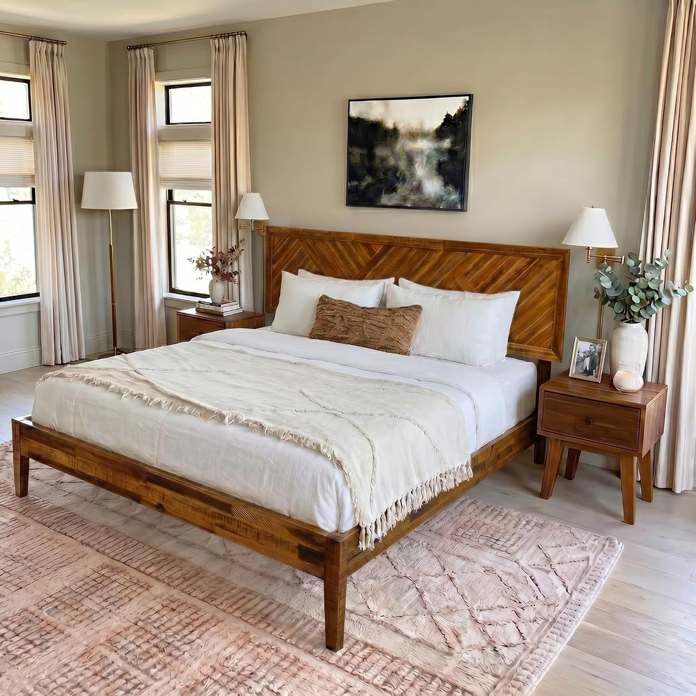 Acacia Sierra Queen Solid Wood Bed Frame, Adjustable Headboard, Walnut