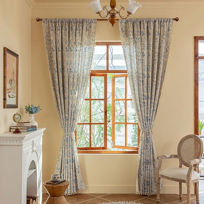 ENJOYBRIDAL Blue Floral Curtains 63 Inches Long 2 Panels Set Semi Sheer Living - Image 5