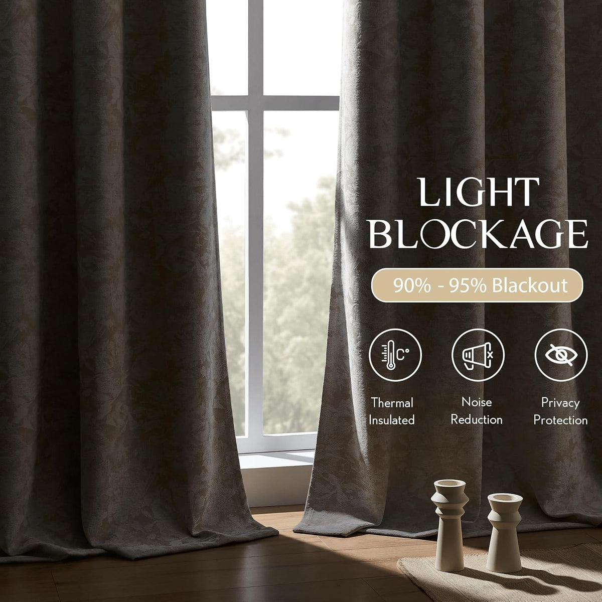 beauoop beige floral jacquard blackout curtains for bedroom, close-up detail