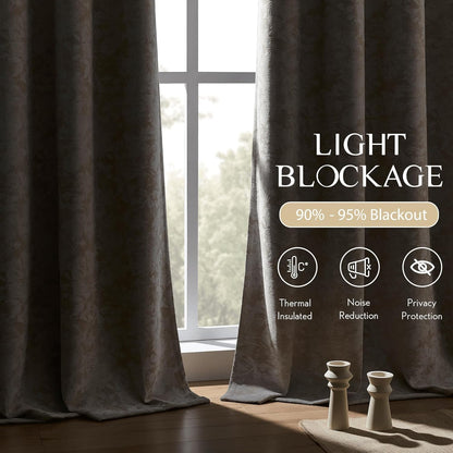 beauoop beige floral jacquard blackout curtains for bedroom, close-up detail