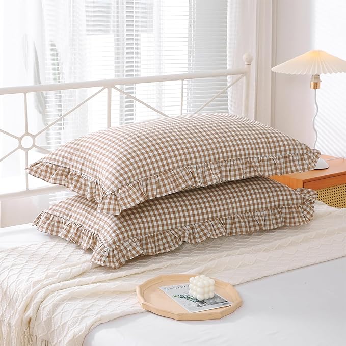 2 Pack Taupe White Plaid Ruffle Gingham King Size Pillow Shams, 100% Yarn-Dyed - Image 4