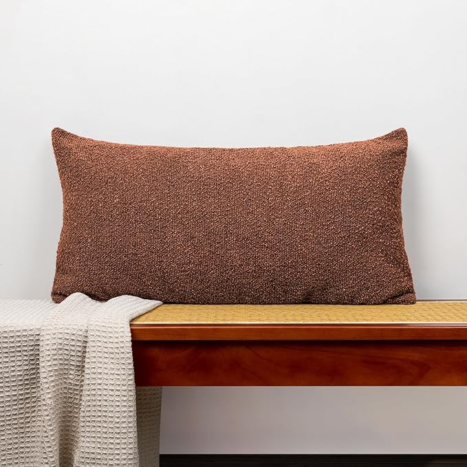 14x26 inch Boucle Lumbar Pillow Cover, Rust Woven Texture Neutral Long Pillow by JoraLion