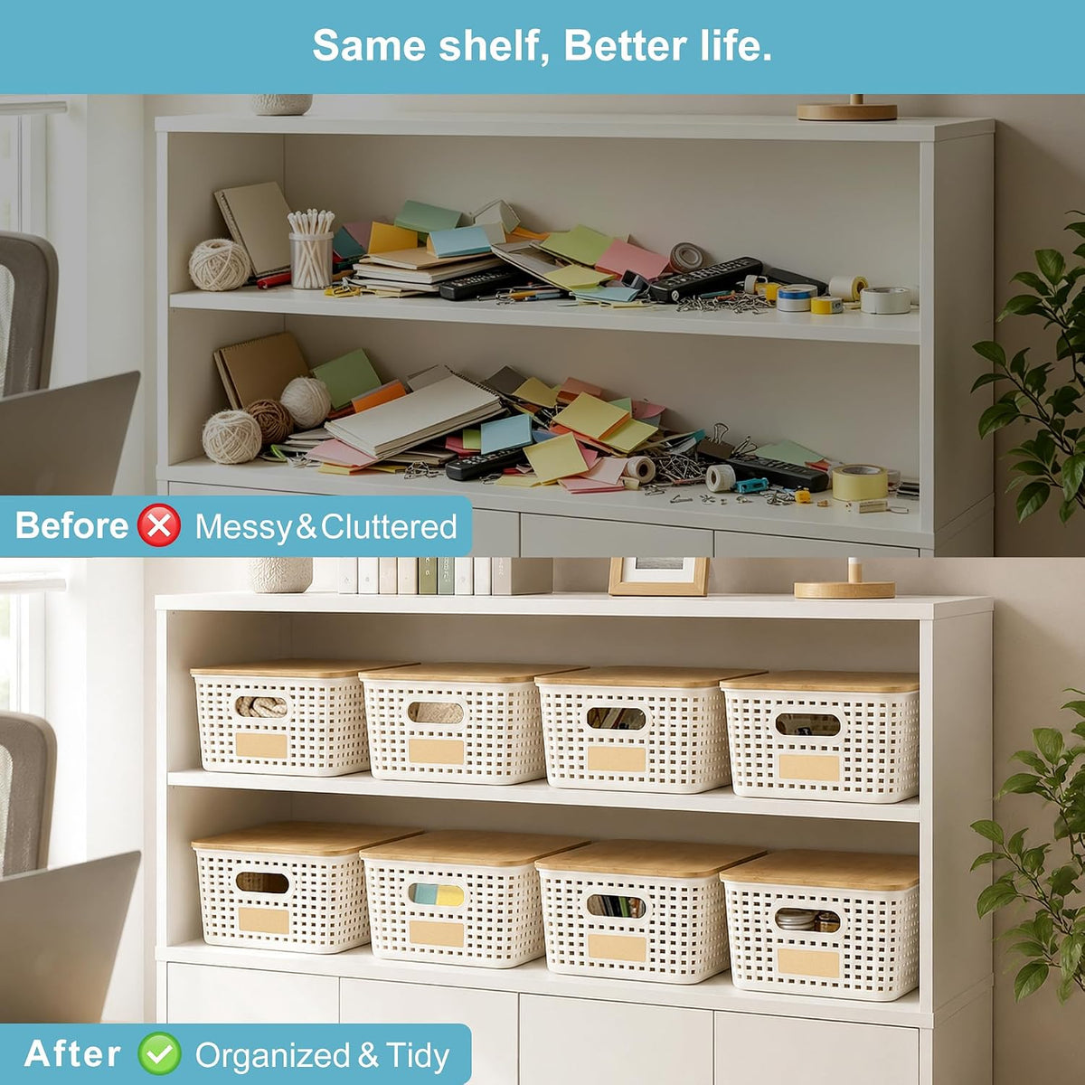 bagnizer small plastic storage bins with bamboo lids on a desk or shelf