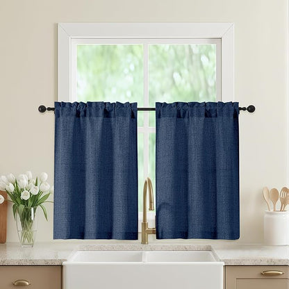 Navy Blue Kitchen Curtains 36 Inch Length 2 Panels, Light Filtering Farmhouse by WelvetBLK