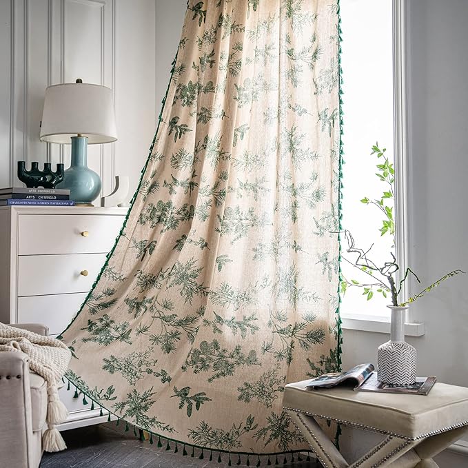 Bohemian Curtains with Tassel Green Semi-Blackout Drapes 63 Inch Length Cotton by ENJOYBRIDAL