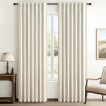 Warm Cream Thick Linen Black Out Curtains 86 Inch Long by QJMYDECO