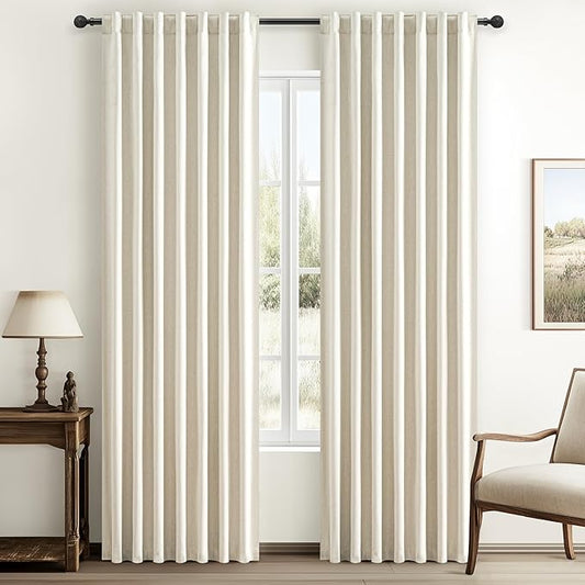 Warm Cream Thick Linen Black Out Curtains 86 Inch Long by QJMYDECO