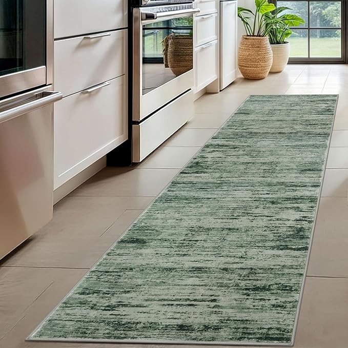 Modern Abstract Hallway Runner Rug, Forest Green Washable Kitchen Runner - Image 2