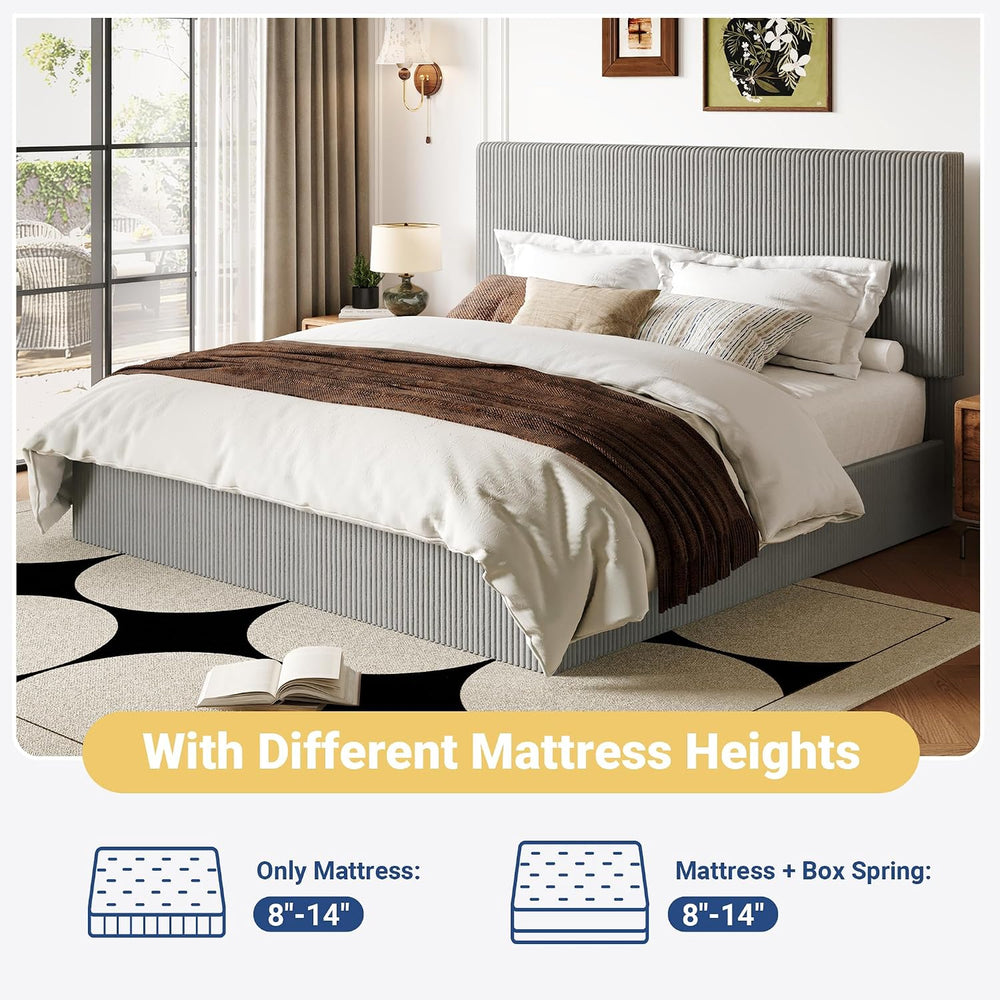 Allewie King Bed Frame, Adjustable Corduroy Headboard, Platform, Grey