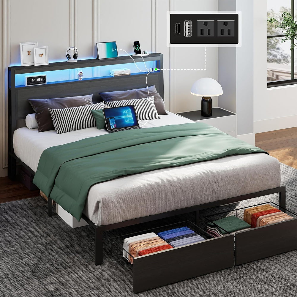 Queen Bed Frame with 2 Storage Drawers, Queen Size Bed Frame, Rustic Grey