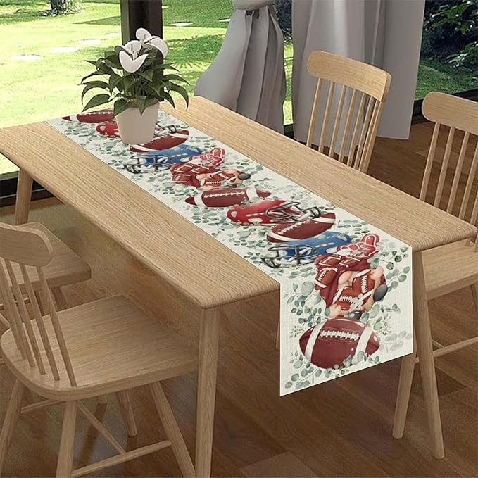 Rugby Table Runner, Seasonal Eucalyptus Rugby Boy Gnome Football Game Day - Image 2
