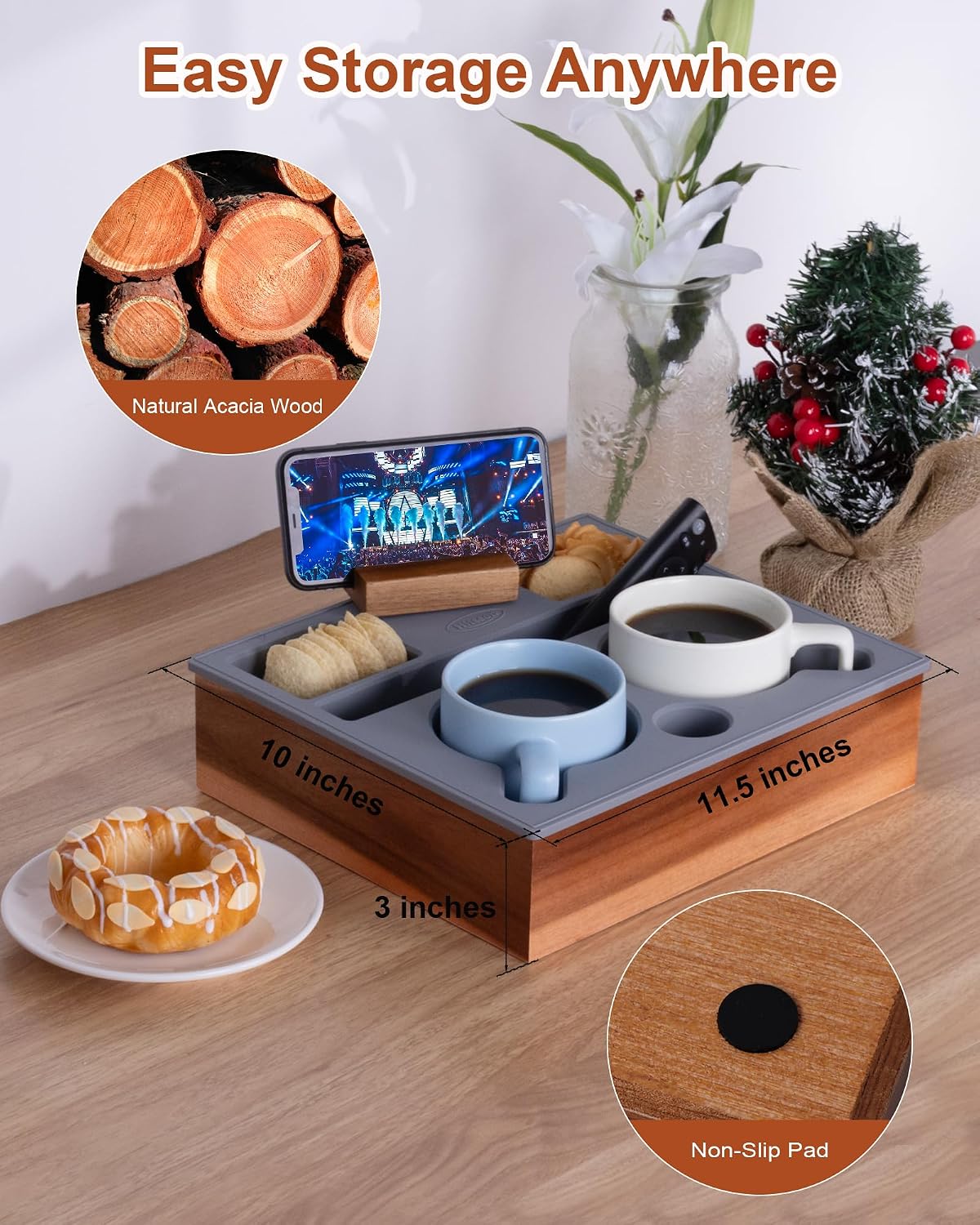 couch cup holder tray, portable silicone acacia wooden showing dimensions