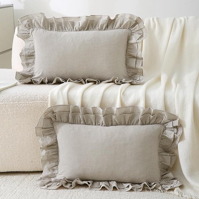 Aryeleay 2 Pack Brown White Plaid Gingham Ruffle Pillow Shams, 100% Washed - Image 6