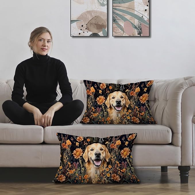 Moody Floral Golden Retriever Pillow Covers 12x20 Set of 2, Gifts - Image 2