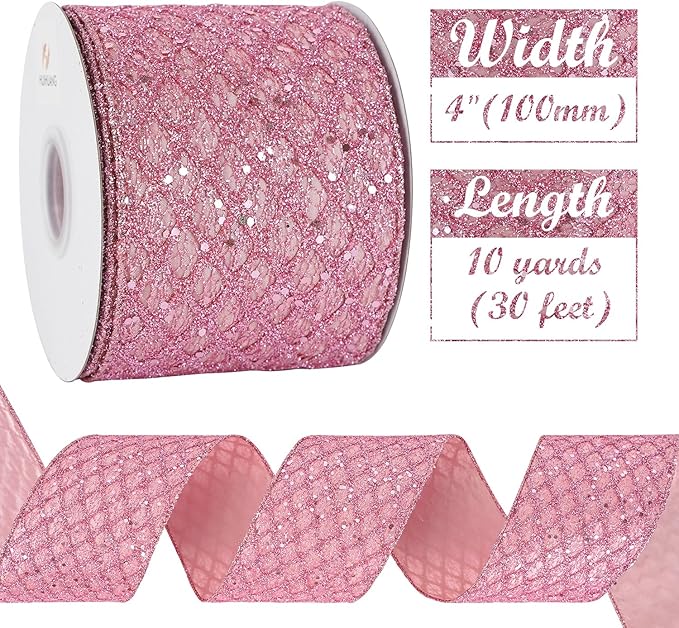 HUIHUANG Pink Wired Christmas Ribbon 4 inch Light Pink Glitter Wired Ribbon - Image 3