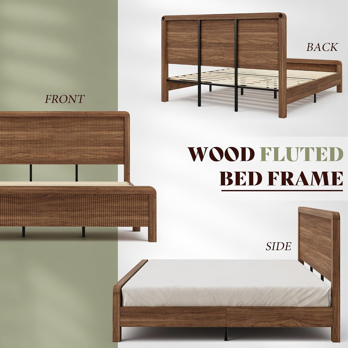 amerlife wood king size bed frame with fluted, front angle view