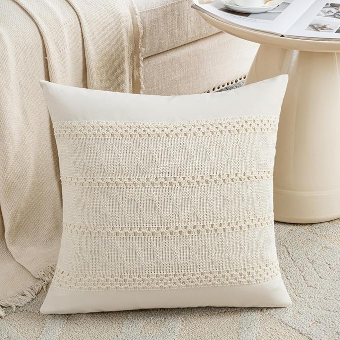 Fancy Homi Set of 2 Boho Cream Decorative Throw Pillow Cover 20x20 Inch - Image 2