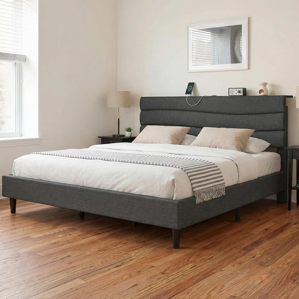 EnHomee King Size Bed with Upholstered Headboard & Charging Station