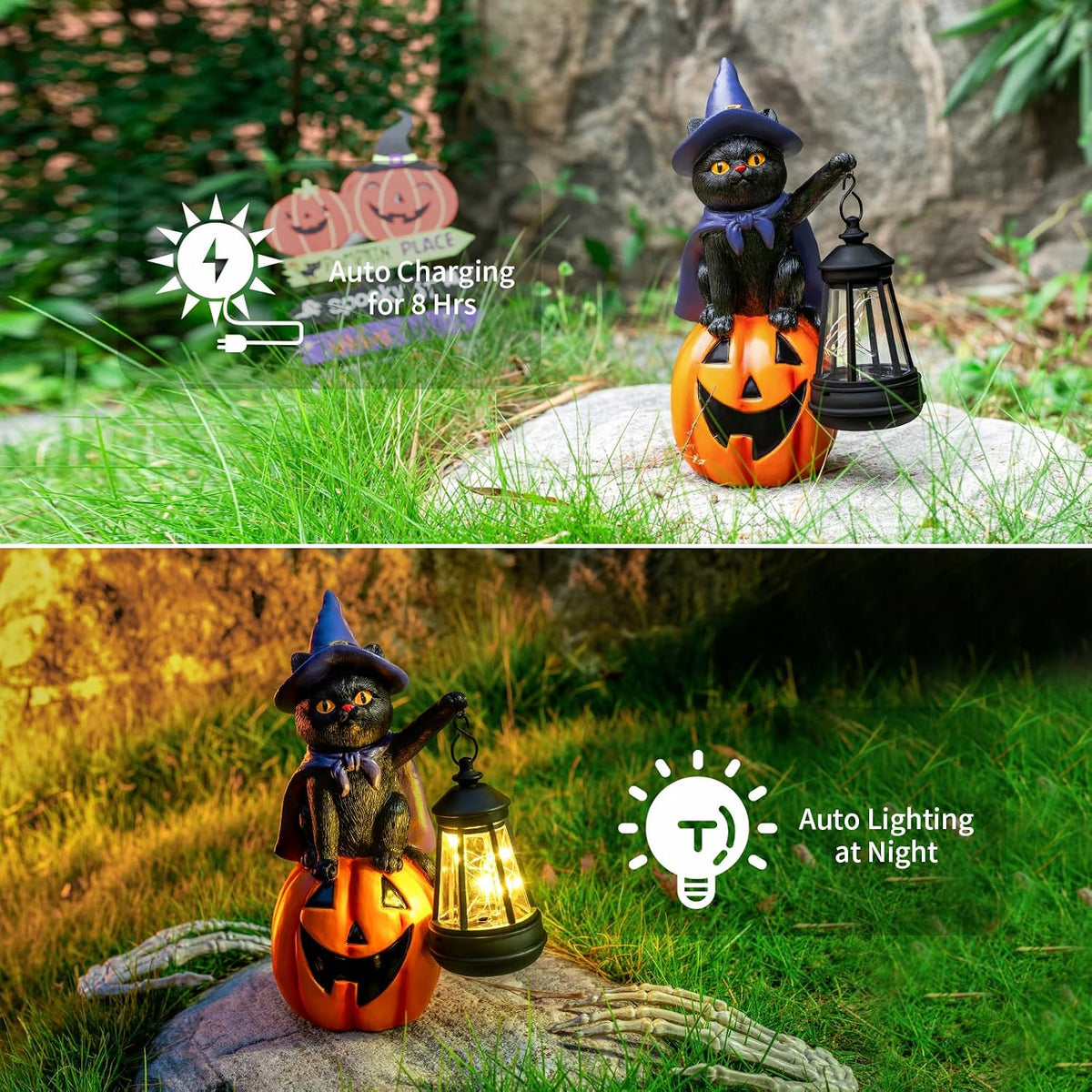 Halloween Black Cat Decor Solar Cat Garden Statues Sit On Pumpkin with LED Lantern Halloween Fall Outdoor Decorations for Porch Patio Yard Lawn Holiday Gardening Gifts for Women