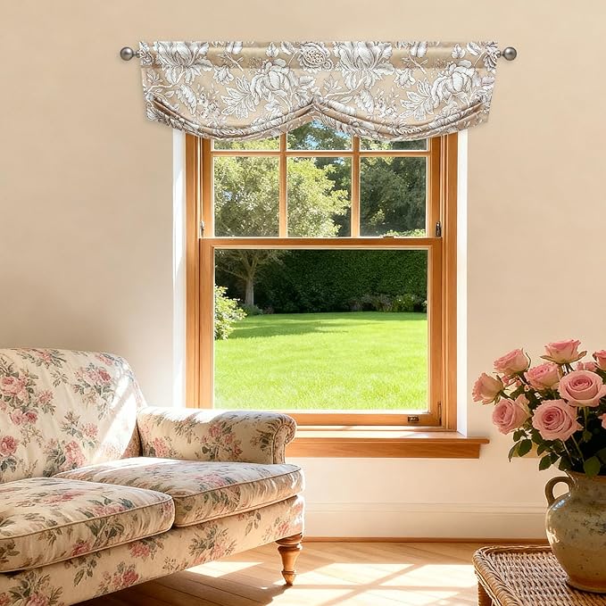 Leeva Vintage Floral Window Valance, Linen Textured Rod Pocket Pleated Curtain by Leeva