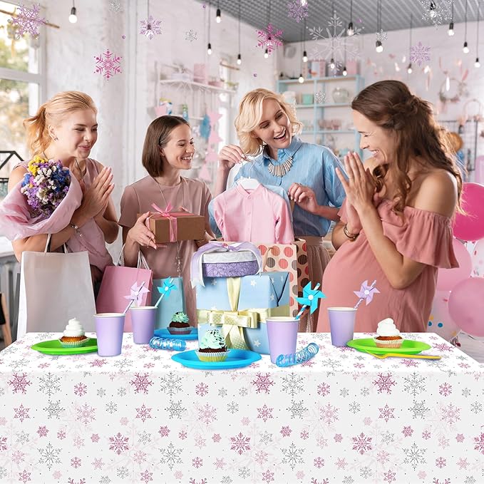6 Pcs Christmas Snowflake Party Tablecloths Decorations, Plastic Pink Winter - Image 7
