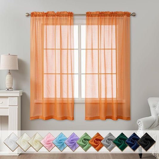 Orange Sheer Curtains 63 Inch Length, Privacy Semi Sheer Curtains by ABLUEN