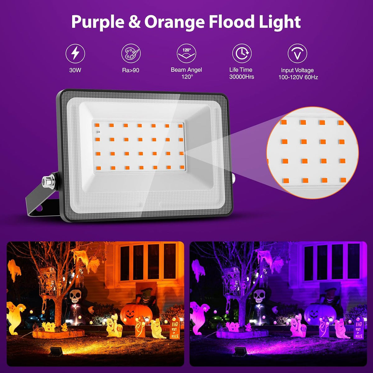 Onforu Orange and Purple Halloween Lights, 30W Dusk to Dawn Floodlight 2 Pack LED Flood Light Outdoor Decoration, Auto ON/Off Plug in Flood Light, IP65 Waterproof Uplighting Uplights for Party Garden