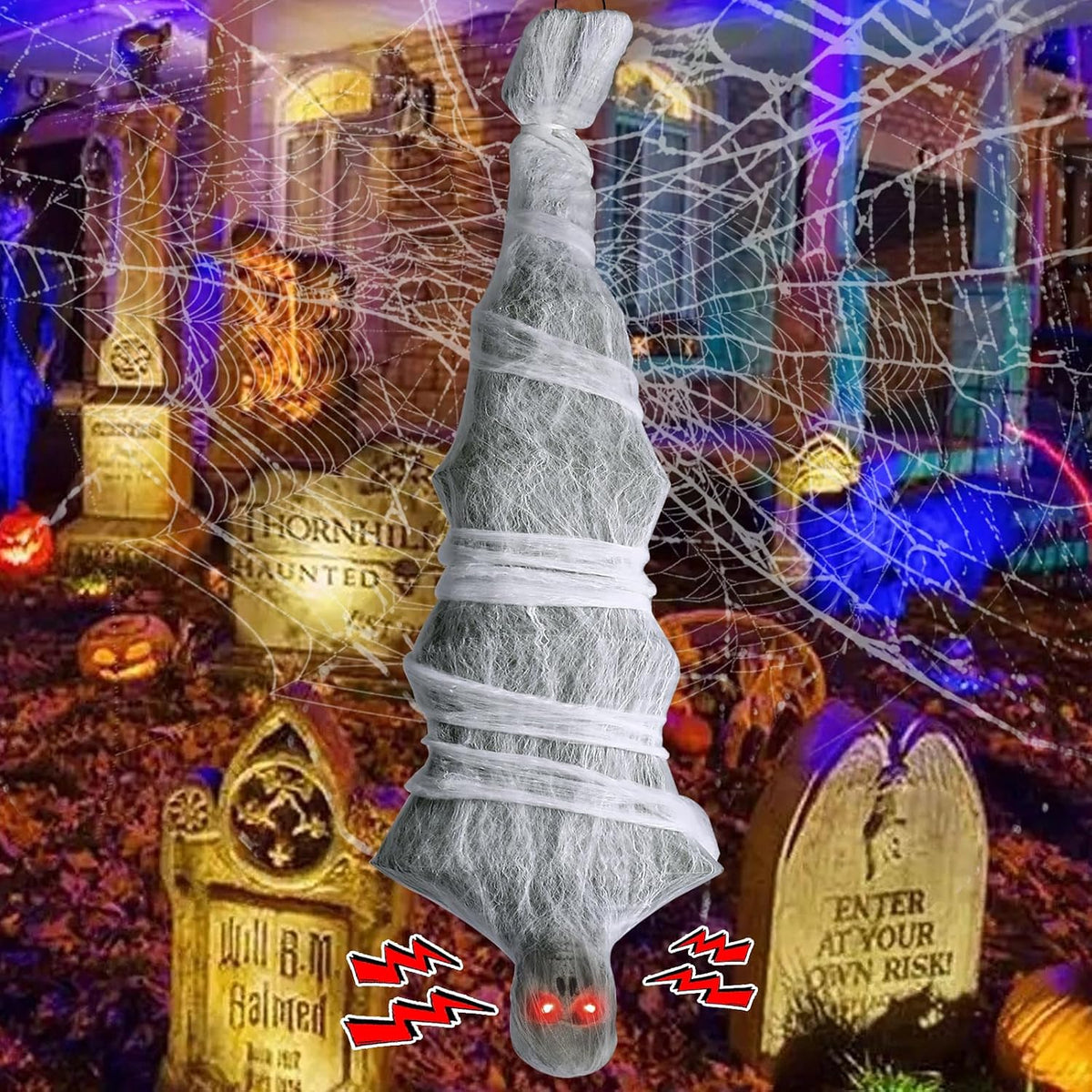 Halloween Decorations, 72 inches Scary Hanging Cocoon Corpse Props with Spooky Sound Effect and Lighted LED Eyes, Halloween Decorations Outdoor for Garden Lawn Indoor