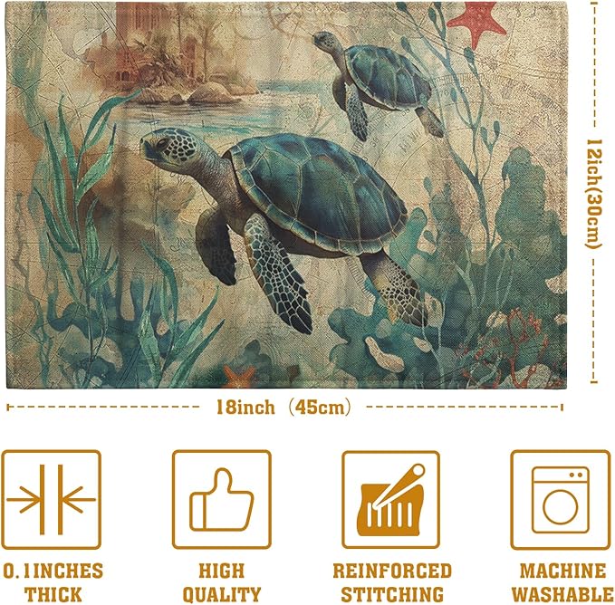 Sea Turtle Placemats Set of 4 Summer Beach Seasonal Linen Table Mats 12x18 Inch - Image 4