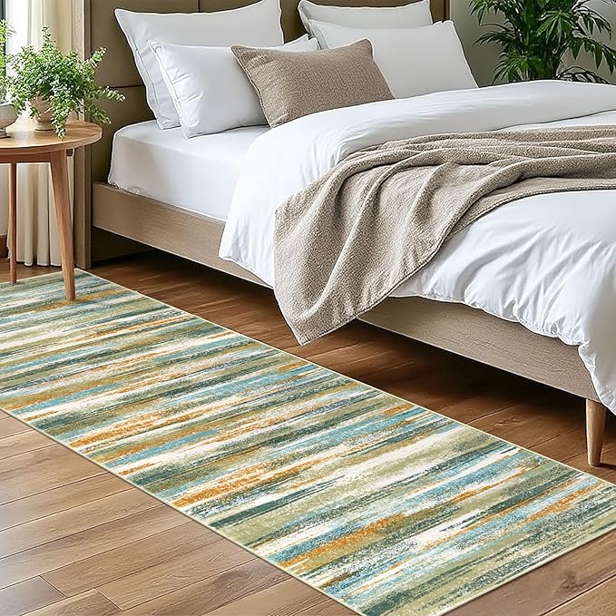 Modern Abstract Bedroom Runner Rug 2x7, Non-Slip Soft Thin Faux Wool Mat by lansny