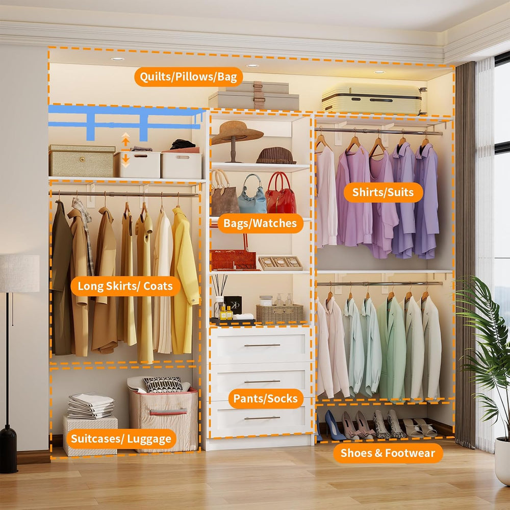 Closet System with 3 Wood Drawers, 5-7.61FT Closet Organizer System with Cutt...