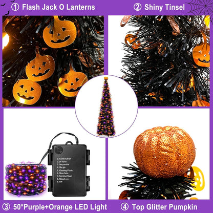 TURNMEON 5Ft Black Tinsel Halloween Tree with Lights Halloween Decorations