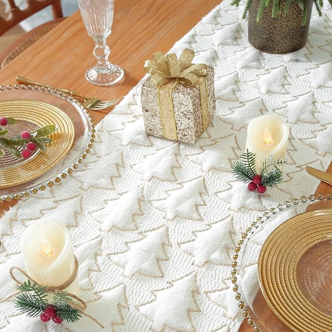 Christmas Trees White Soft Plush Faux Fur Jacquard Gold Sequin Glitter - Image 7