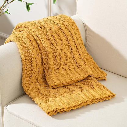 Battilo Mustard Yellow Throw Blanket 51"x67" Chenille Knitted Throw Blanket - Image 4