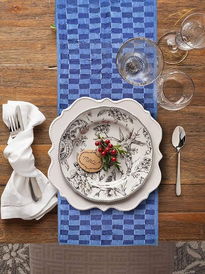 AAYU Denim Table / Bed Runner, Hand Fringed Tape Hand Weaved | 18 Inch X 108 - Image 5
